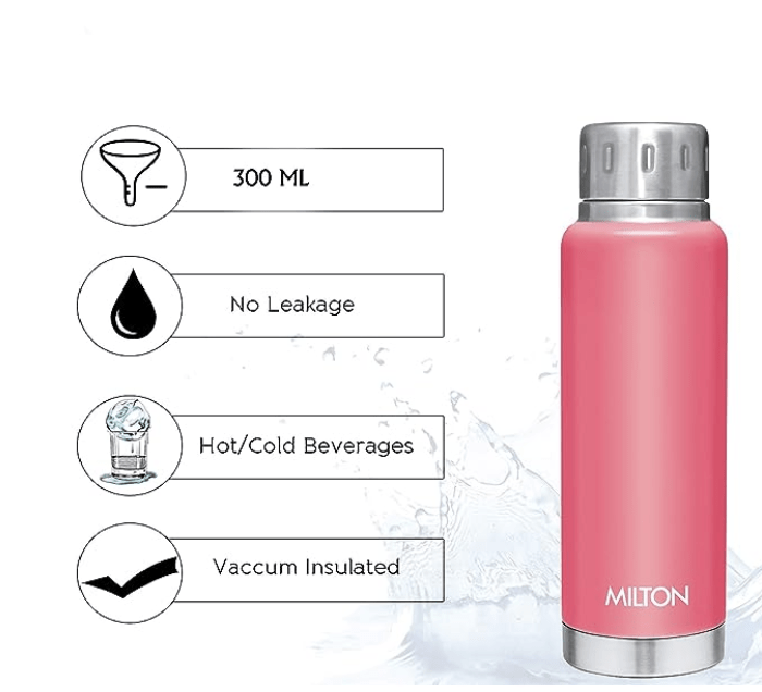 Milton Elfin 300 Thermosteel 24 Hours Hot and Cold Water Bottle, 300 ml, Pink | Leak Proof | Easy to Carry | Office Bottle | Hiking | Trekking | Travel Bottle | Gym | Home | Kitchen Bottle