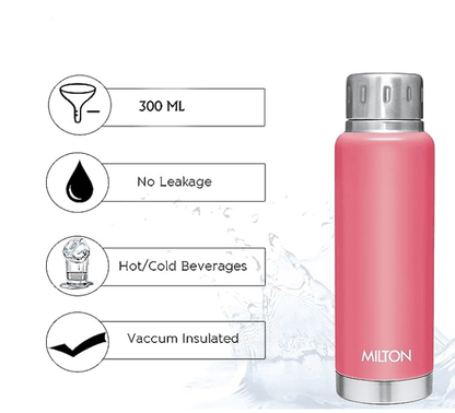 Milton Elfin 300 Thermosteel 24 Hours Hot and Cold Water Bottle, 300 ml, Pink | Leak Proof | Easy to Carry | Office Bottle | Hiking | Trekking | Travel Bottle | Gym | Home | Kitchen Bottle