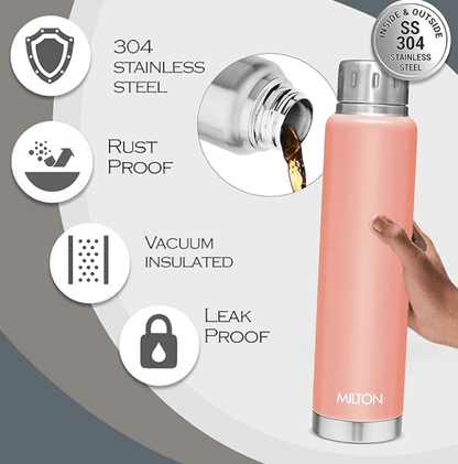 Milton Elfin 300 Thermosteel 24 Hours Hot and Cold Water Bottle, 300 ml, Peach | Leak Proof | Easy to Carry | Office Bottle | Hiking | Trekking | Travel Bottle | Gym | Home | Kitchen Bottle