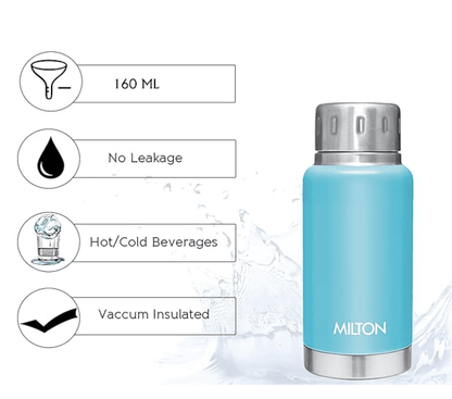 Milton Elfin 160 Thermosteel Hot and Cold Water Bottle, 160 ml, Light Blue | Leak Proof | Easy to Carry | Office Bottle | Hiking | Trekking | Travel Bottle | Gym | Home | Kitchen Bottle