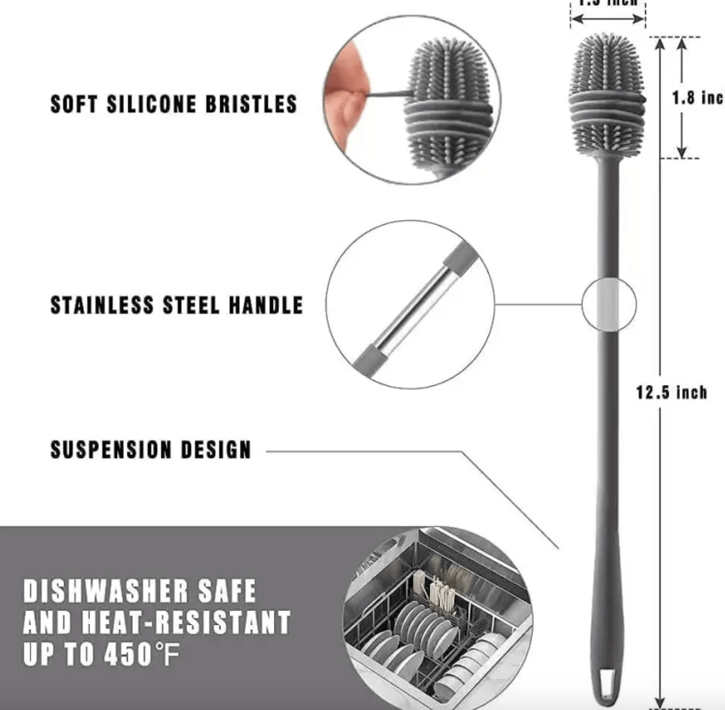 Bottle Mug Brush, Glassware Cleaning , Long Handle Silicone Bottle Cleaner Brush Silicone Dry Brush  (Grey, Grey)