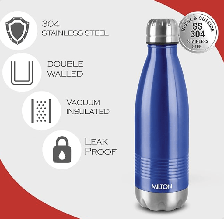 Milton Duo DLX 350 Thermosteel 24 Hours Hot and Cold Water Bottle, 1 Piece, 350 ml, Blue | Leak Proof | Office Bottle | Gym | Home | Kitchen | Hiking | Trekking | Travel Bottle