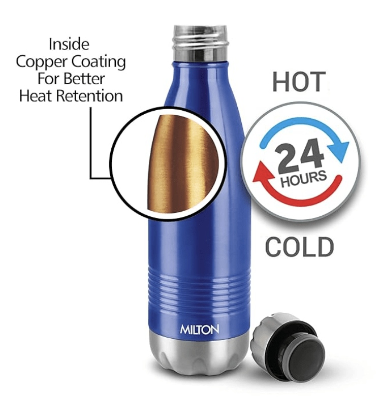 Milton Duo DLX 1000 Thermosteel 24 Hours Hot and Cold Water Bottle, 1 Piece, 1 Litre, Blue | Leak Proof | Office Bottle | Gym | Home | Kitchen | Hiking | Trekking | Travel Bottle