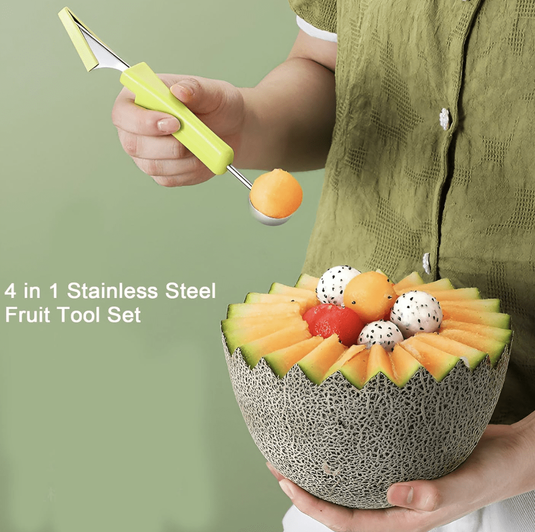 4 in 1 Stainless Steel Fruit Tool Set,Seed Remover for Watermelon Slicer,Dig Pulp Separator,for Dig Pulp Fruit Salad in Kitchen (Green,1PCS)-3