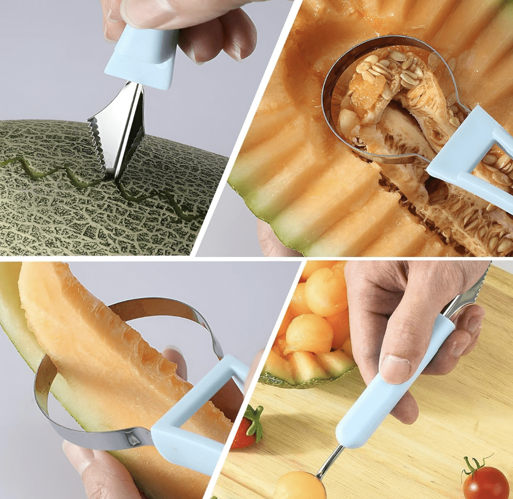 4 in 1 Stainless Steel Fruit Tool Set,Seed Remover for Watermelon Slicer,Dig Pulp Separator,for Dig Pulp Fruit Salad in Kitchen (Green,1PCS)