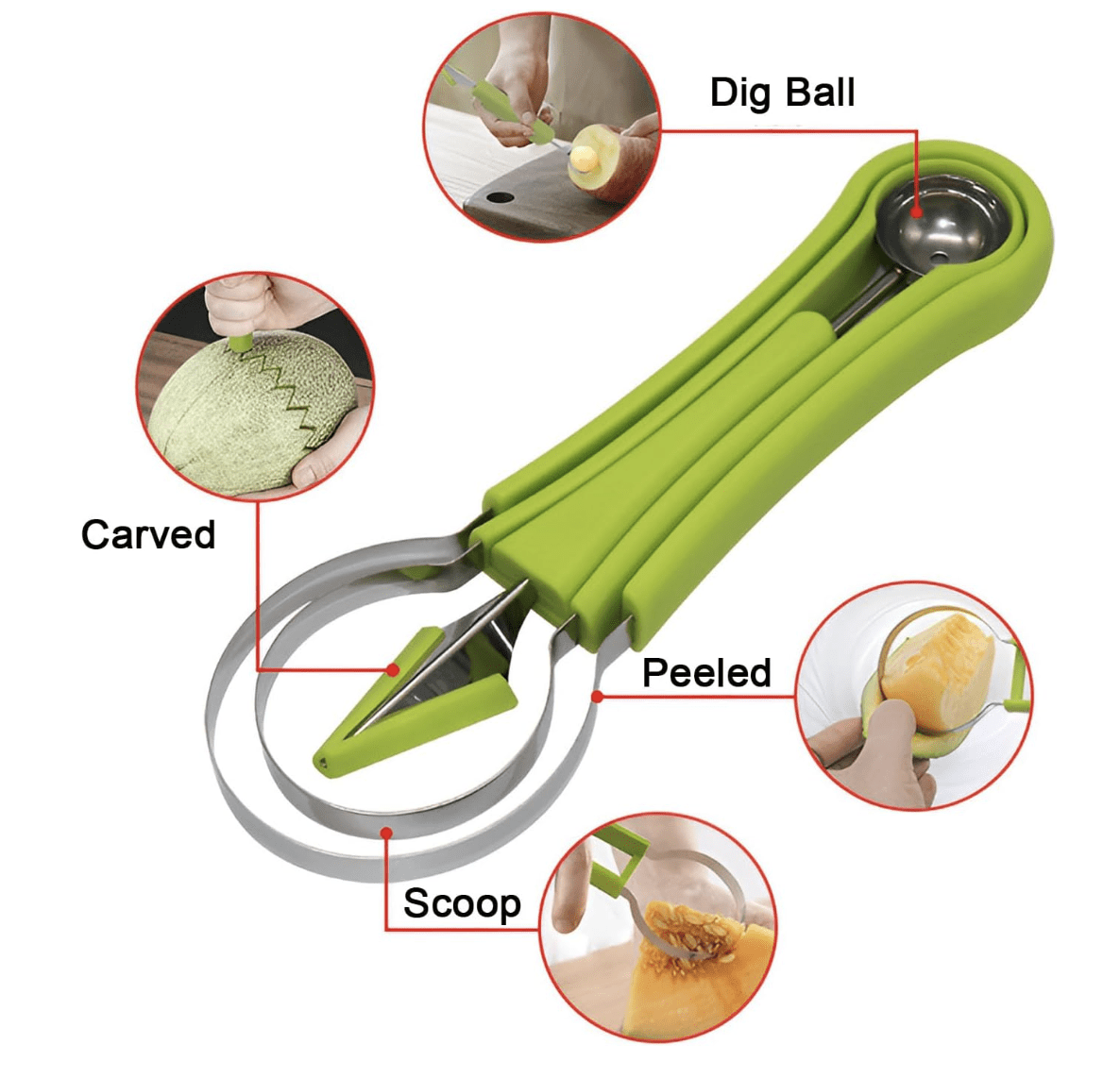 4 in 1 Stainless Steel Fruit Tool Set,Seed Remover for Watermelon Slicer,Dig Pulp Separator,for Dig Pulp Fruit Salad in Kitchen (Green,1PCS)