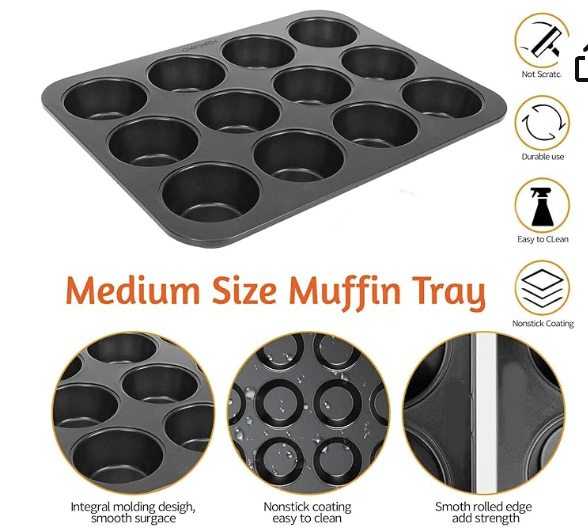 கிளாபோன் சிறிய மினி அவுட்பர்ஃபார்ம் அலுமினியம் நான்ஸ்டிக் 12-ஸ்லாட் கப் மிடி ஷேப் மஃபின், கப்கேக் அச்சு (சிறிய அளவு) 