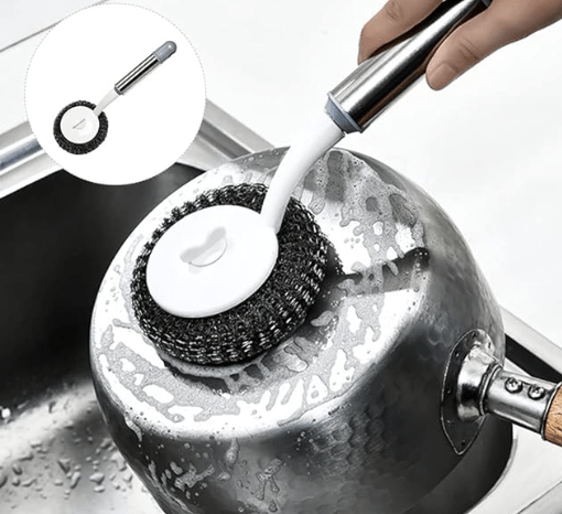 जंग और गंदगी से बचाने के लिए हटाने योग्य लंबे हैंडल वाले स्टेनलेस स्टील स्पंज स्क्रबर, स्टील वूल से बर्तन साफ करने के लिए हैंडल वाले मेटल स्कोअरिंग पैड के साथ स्टील वूल कुकवेयर क्लीनर 