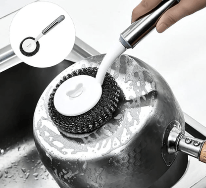 जंग और गंदगी से बचाने के लिए हटाने योग्य लंबे हैंडल वाले स्टेनलेस स्टील स्पंज स्क्रबर, स्टील वूल से बर्तन साफ करने के लिए हैंडल वाले मेटल स्कोअरिंग पैड के साथ स्टील वूल कुकवेयर क्लीनर 