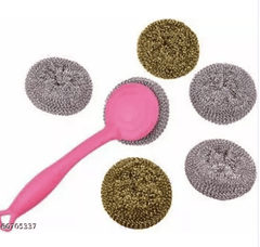 6 pcs steel multifunctional scrubber pad with 1 long handle/Detachable Scrub/ ,Scouring pad ,Makes cleaning easy , Cleans Pans , Utensils , gas-oven , pressure cooker , steel cooker , teapot , kitchen knife etc. Scrub Pad-1