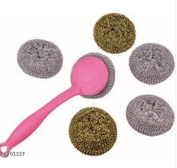 6 pcs steel multifunctional scrubber pad with 1 long handle/Detachable Scrub/ ,Scouring pad ,Makes cleaning easy , Cleans Pans , Utensils , gas-oven , pressure cooker , steel cooker , teapot , kitchen knife etc. Scrub Pad-1