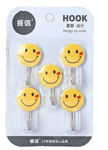 Looy Plastic and Stainless Steel Adhesive Smiley Yellow Wall Hooks Tiles Hanger Key Holder (05 Hooks)