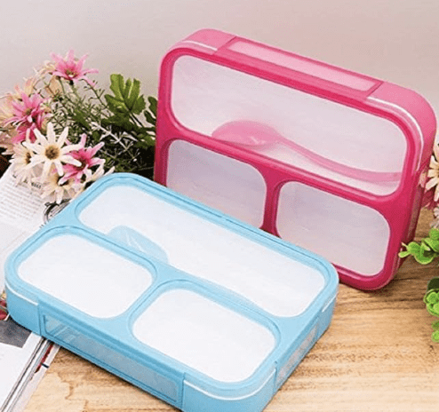 3 Compartment Thermal Insulated Bento Lunch Box with Spoon for Kids/Adult Plastic Snacks Box for School Office Picnic Tour Trip Snacks Tiffin Box Leak Proof Meal Box (Multicolor)-1
