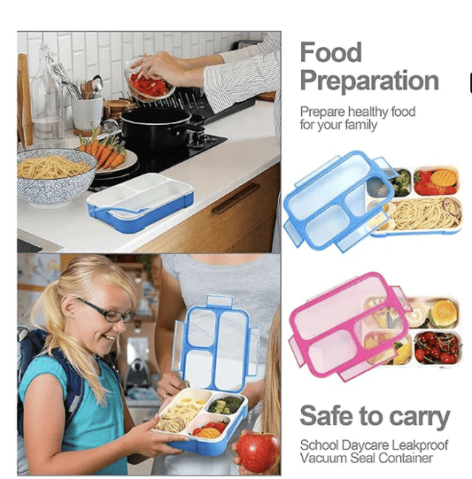 3 Compartment Thermal Insulated Bento Lunch Box with Spoon for Kids/Adult Plastic Snacks Box for School Office Picnic Tour Trip Snacks Tiffin Box Leak Proof Meal Box (Multicolor)