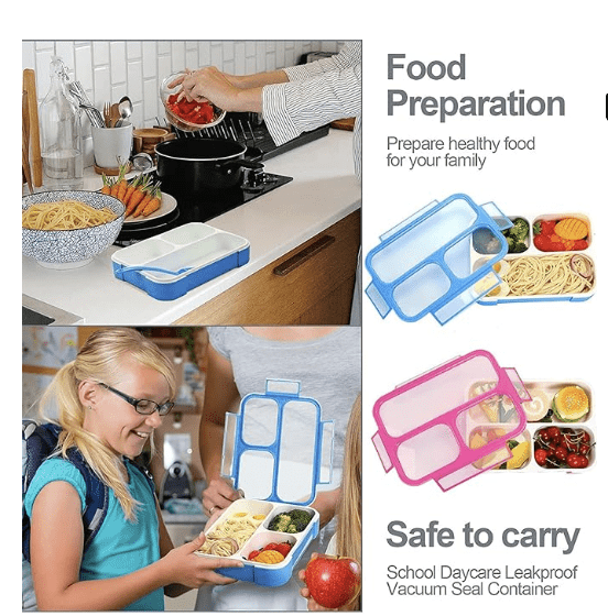 3 Compartment Thermal Insulated Bento Lunch Box with Spoon for Kids/Adult Plastic Snacks Box for School Office Picnic Tour Trip Snacks Tiffin Box Leak Proof Meal Box (Multicolor)-2