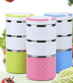 Plastic and Stainless Steel 3 Layer Leak-Proof Printed Lunch Box with Hot Vacuum Insulated Food Storage Containers for Women Men Kids Office School Tiffin Box-Multi Color-1