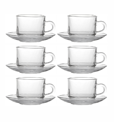 Glass Tea Cups & Saucer Set of 6pcs Cup & 6pcs Saucer 180 ML