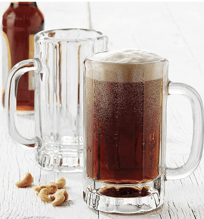 400ml Glass Beer Mugs with Handle | Classic Straight Line Designing on Mug | Crystal Clear Glass Beer Mug for All Type of Drinks (Transparent_400ml), Set of - (2)