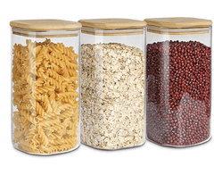 Airtight Glass Storage Canister with Wood Lid (50oz), Clear Food Storage Container Jar with Sealing Bamboo Lid for Noodles Flour Cereal Rice Sugar Tea Coffee Beans (Set of 3, 1500ml)-1