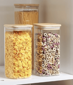 Airtight Glass Storage Canister with Wood Lid (50oz), Clear Food Storage Container Jar with Sealing Bamboo Lid for Noodles Flour Cereal Rice Sugar Tea Coffee Beans (Set of 3, 1500ml)