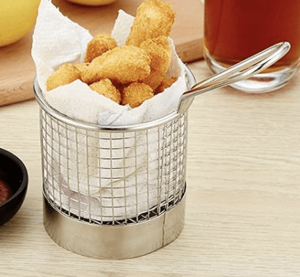 2 in1 Stainless Steel Round Basket for Frying Food or Placing Deep-Fried Chips, Snacks and Desserts, Essential Tool of Kitchen,Durable.
