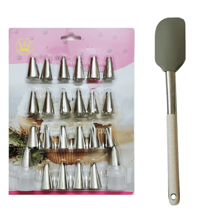 Flair Stainless Steel Cake Decoratig Nozzle 24Pc Pad & Premium Silicone Spatula with Steel Plating and Plastic Handle - Multicolor