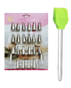Flair Stainless Steel Nozzle 24Pc Pad Cake Decorating Tool & Big Silicon Brush with Stainless Steel Handle - Multicolor-1