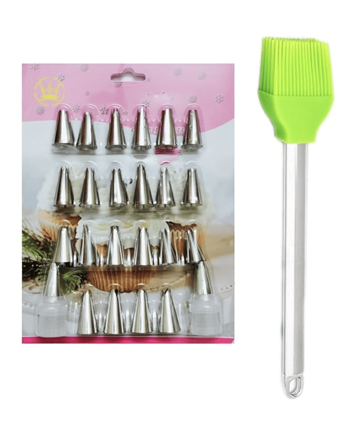 Flair Stainless Steel Nozzle 24Pc Pad Cake Decorating Tool & Big Silicon Brush with Stainless Steel Handle - Multicolor-1