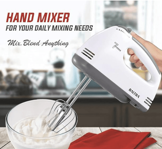 Baltra Rider Electric Hand Mixer Blender , Egg cake Beater for Kitchen With Stainless Steel Attachments, 7 -Speed, Includes; Beaters, Dough Hooks, white