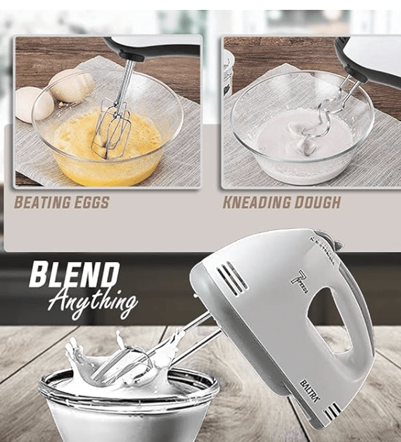 பால்ட்ரா ரைடர் எலக்ட்ரிக் ஹேண்ட் மிக்சர் பிளெண்டர், ஸ்டெயின்லெஸ் ஸ்டீல் இணைப்புகளுடன் சமையலறைக்கான முட்டை கேக் பீட்டர், 7-வேகம், பீட்டர்கள், மாவு கொக்கிகள், வெள்ளை 