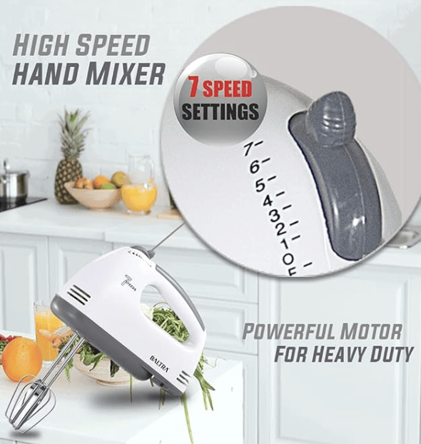 பால்ட்ரா ரைடர் எலக்ட்ரிக் ஹேண்ட் மிக்சர் பிளெண்டர், ஸ்டெயின்லெஸ் ஸ்டீல் இணைப்புகளுடன் சமையலறைக்கான முட்டை கேக் பீட்டர், 7-வேகம், பீட்டர்கள், மாவு கொக்கிகள், வெள்ளை 