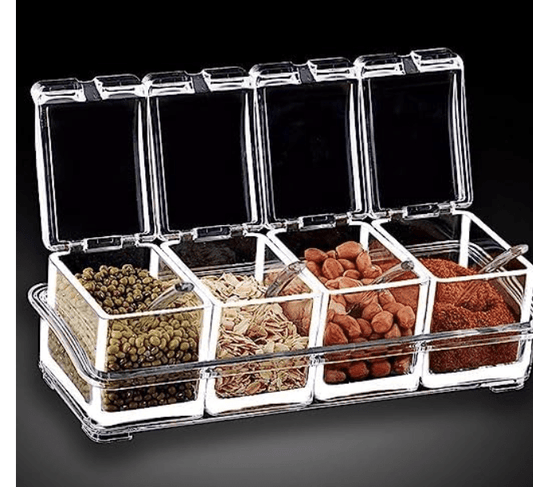 Crystal Plastic Seasoning Acrylic Spice Rack, 4 Pieces Box with 4 Spoons, Kitchen Ware, Masala Container.
