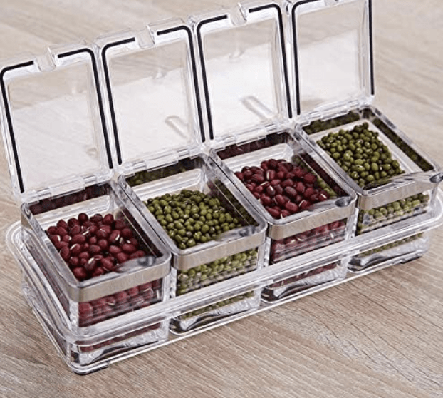 Crystal Plastic Seasoning Acrylic Spice Rack, 4 Pieces Box with 4 Spoons, Kitchen Ware, Masala Container.