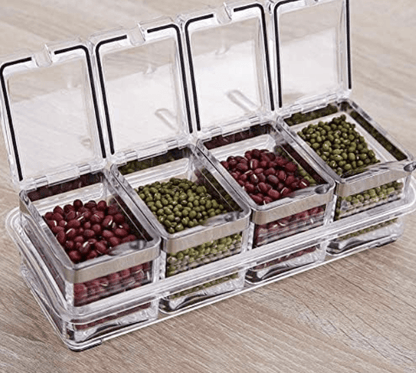 Crystal Plastic Seasoning Acrylic Spice Rack, 4 Pieces Box with 4 Spoons, Kitchen Ware, Masala Container.