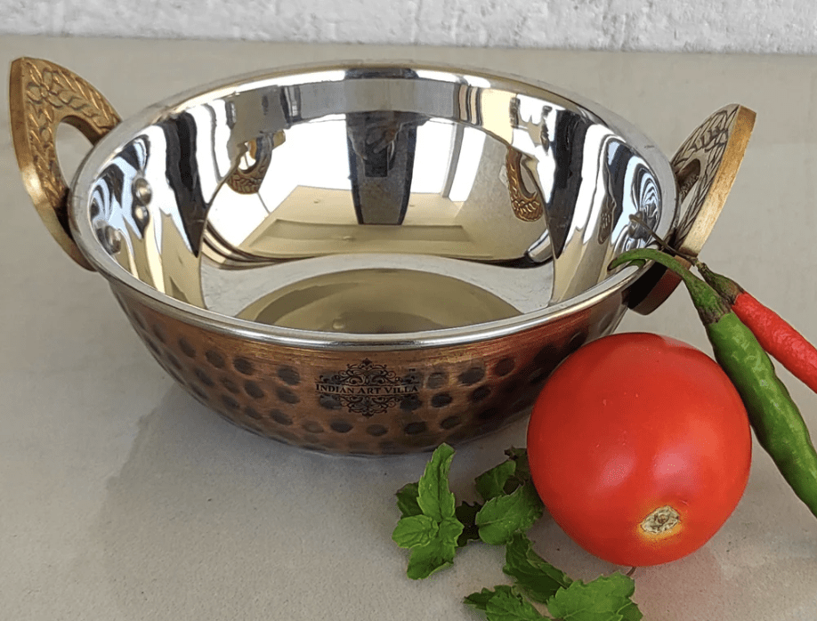 हथौड़े से बनी प्राचीन गहरे रंग की डिज़ाइन वाली स्टील कॉपर कढ़ाई वोक बाउल, परोसने के बर्तन, टेबलवेयर