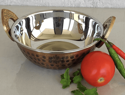 हथौड़े से बनी प्राचीन गहरे रंग की डिज़ाइन वाली स्टील कॉपर कढ़ाई वोक बाउल, परोसने के बर्तन, टेबलवेयर