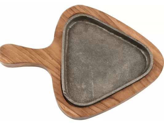 Engarc Triangular Sizzler Plate and Wooden Base With Handle ( 13" X 9" ) Triangular Sizzler Plate and Wooden Base With Handle ( 13" X 9" ) Tray Serving Set  (Pack of 1)