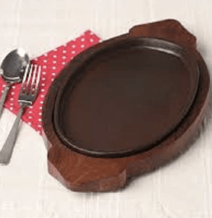 Wooden cast Iron Sizzler Plate/Tray with Wooden Base Oval Shape Plate and Modern Design