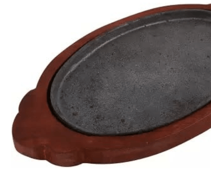 Wooden cast Iron Sizzler Plate/Tray with Wooden Base Oval Shape Plate and Modern Design