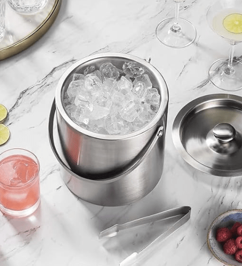 Double-Wall Stainless Steel Insulated Ice Bucket Carrying Handle, Great for Home Bar Matt Design 17cm/ Silver (Pack of 1Pc)