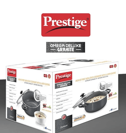 Prestige Omega Deluxe Granite Non-stick Round Base Sauce Pan with Glass Lid (Black)