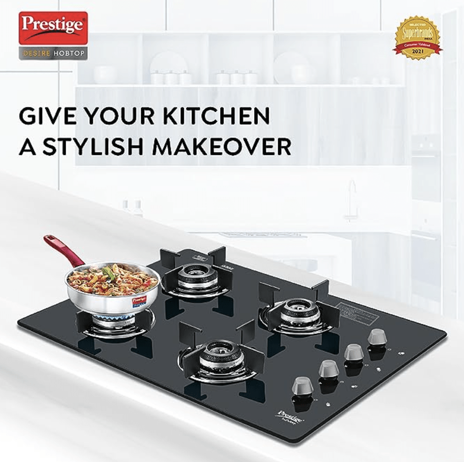 Prestige Desire Hobtop PHTD 04 AI Black L P Gas Table(with 8mm Thick Superior Toughened Glass Top, 4 Sabaf Burners, Auto Ignition)