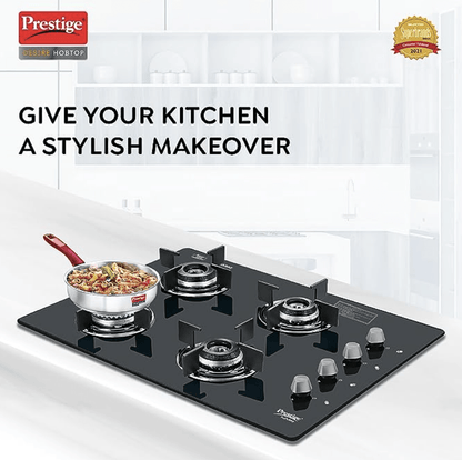 Prestige Desire Hobtop PHTD 04 AI Black L P Gas Table(with 8mm Thick Superior Toughened Glass Top, 4 Sabaf Burners, Auto Ignition)