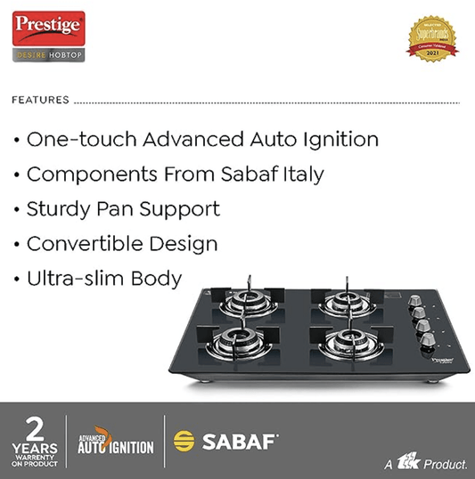 Prestige Desire Hobtop PHTD 04 AI Black L P Gas Table(with 8mm Thick Superior Toughened Glass Top, 4 Sabaf Burners, Auto Ignition)