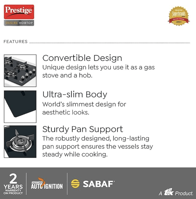 Prestige Desire Hobtop PHTD 04 AI Black L P Gas Table(with 8mm Thick Superior Toughened Glass Top, 4 Sabaf Burners, Auto Ignition)-4