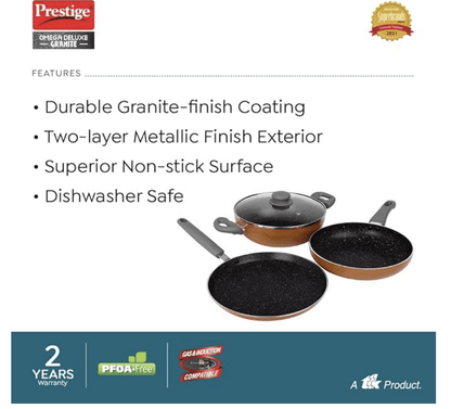 Prestige Omega Deluxe Non-Stick Cookware 3 Pc Set |PFOA Free 5-Layer Coating | Omni Tawa 25 cm | Fry Pan 24 cm | Kadai with Glass Lid 24 cm | Brown | Dishwasher Safe