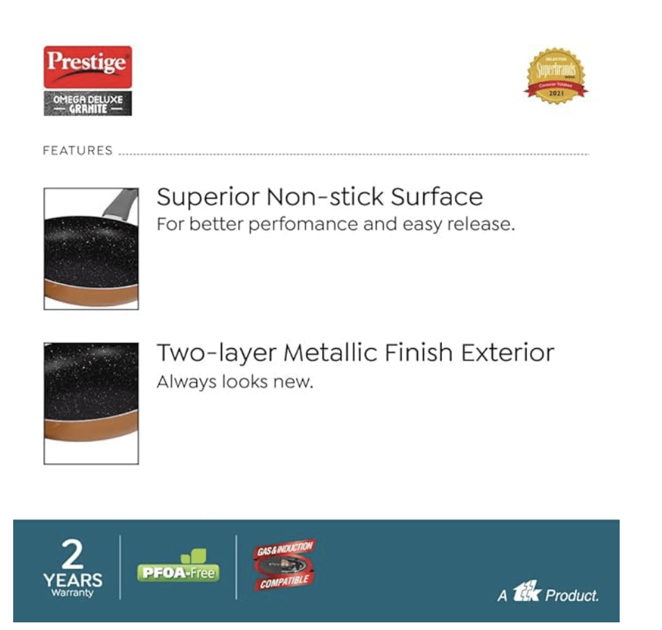 Prestige Omega Deluxe Non-Stick Cookware 3 Pc Set |PFOA Free 5-Layer Coating | Omni Tawa 25 cm | Fry Pan 24 cm | Kadai with Glass Lid 24 cm | Brown | Dishwasher Safe