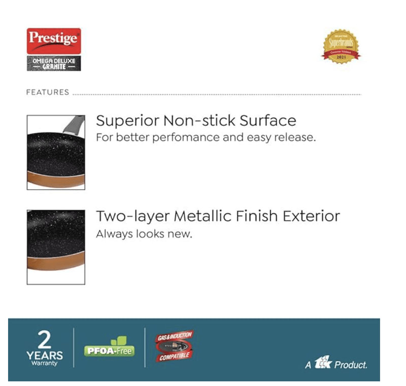 Prestige Omega Deluxe Non-Stick Cookware 3 Pc Set |PFOA Free 5-Layer Coating | Omni Tawa 25 cm | Fry Pan 24 cm | Kadai with Glass Lid 24 cm | Brown | Dishwasher Safe-3