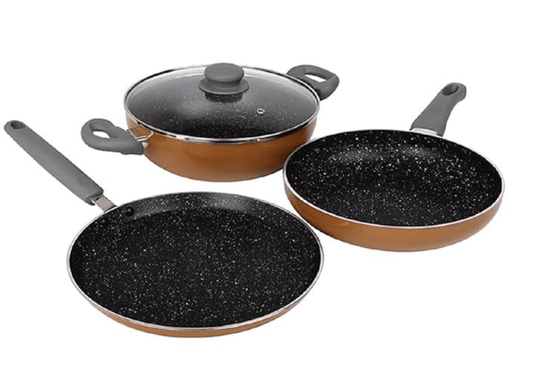 Prestige Omega Deluxe Non-Stick Cookware 3 Pc Set |PFOA Free 5-Layer Coating | Omni Tawa 25 cm | Fry Pan 24 cm | Kadai with Glass Lid 24 cm | Brown | Dishwasher Safe