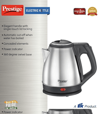 Prestige 1.2 Litres Electric Kettle (PKCS 1.2)| Silver | Auto Cut-Off | Power Indicator | Concealed Element | Single-Touch Lid Locking | 360 Degree Swivel Base